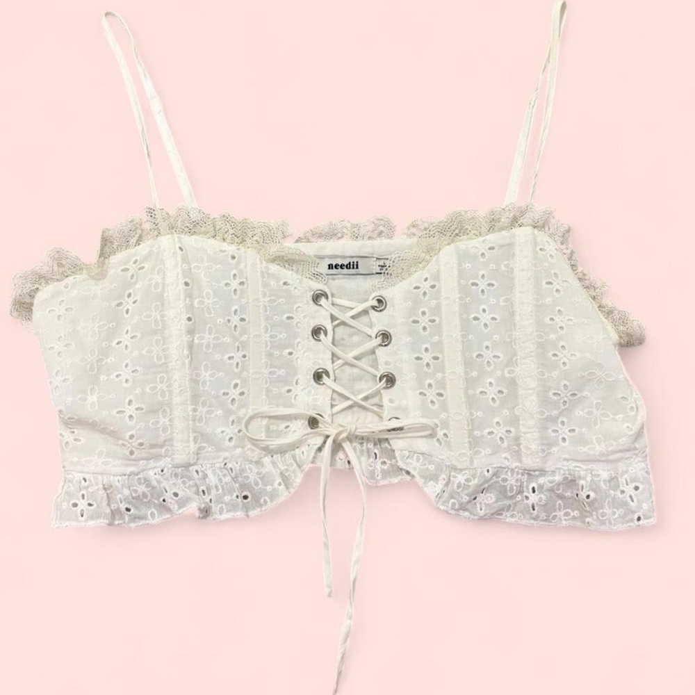 White Eyelet Lace-Up Crop Top